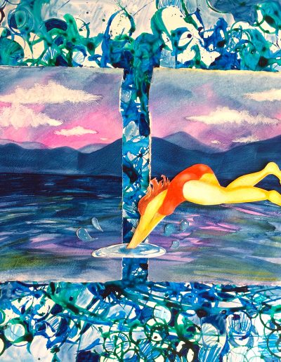 Painting of a woman jumping in the water
